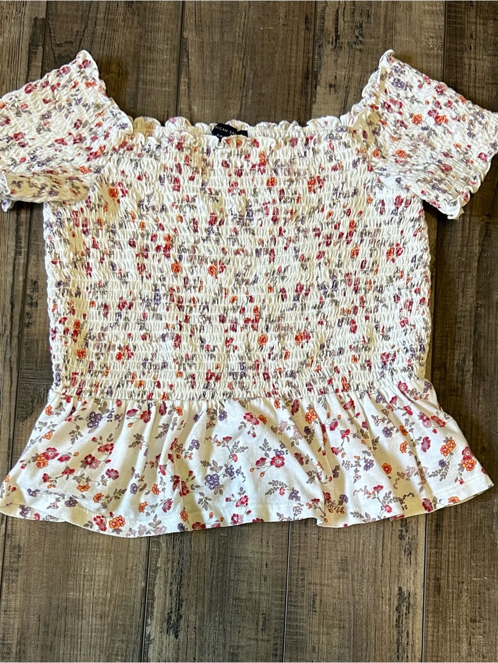 Off-Shoulder Floral Peplum Top - White with Pink & Orange Floral